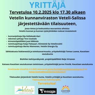 Tilaisuus veteliläisille yrittäjille 10.2.2025