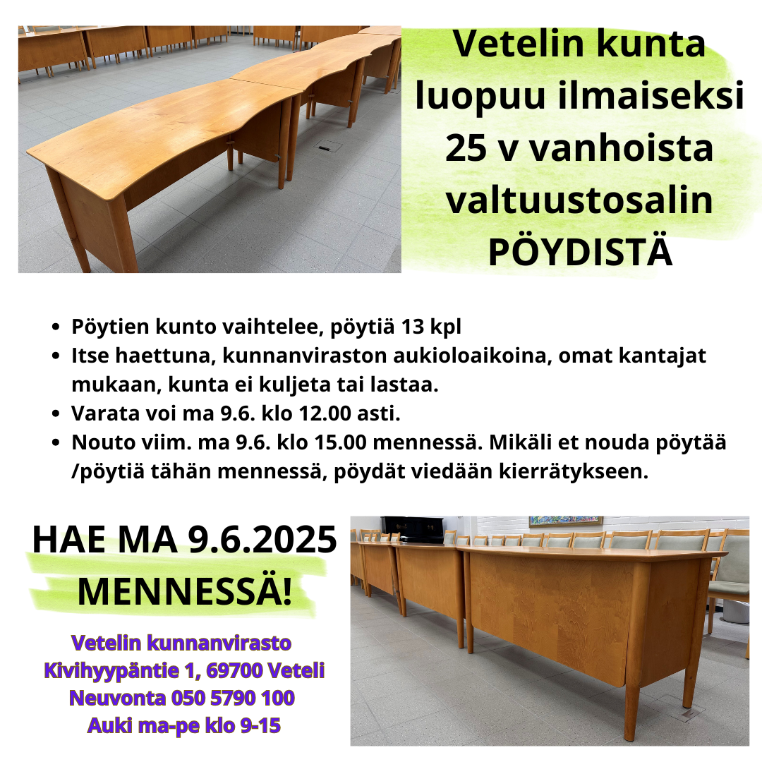 Vetelin kunta luopuu ilmaiseksi valtuustosalin pöydistä - KAIKKI PÖYDÄT TÄLLÄ HETKELLÄ VARATTU