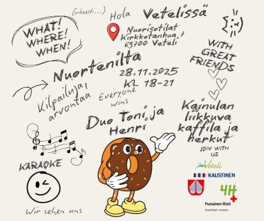 Nuortenilta Vetelissä nuorisotiloilla pe 28.11. klo 18-21,      Kirkkotanhua 7, Veteli