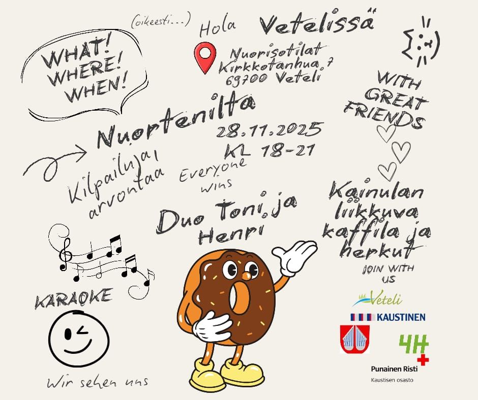 Nuortenilta Vetelissä nuorisotiloilla pe 28.11. klo 18-21,      Kirkkotanhua 7, Veteli