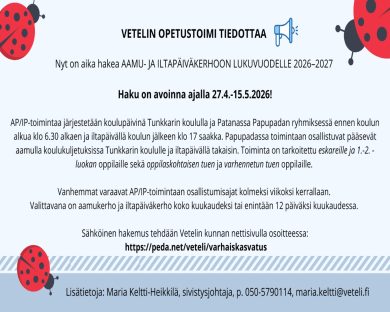 HAKU AAMU- JA ILTAPÄIVÄKERHOON LUKUVUODELLE 2026-2027 ON NYT AUKI