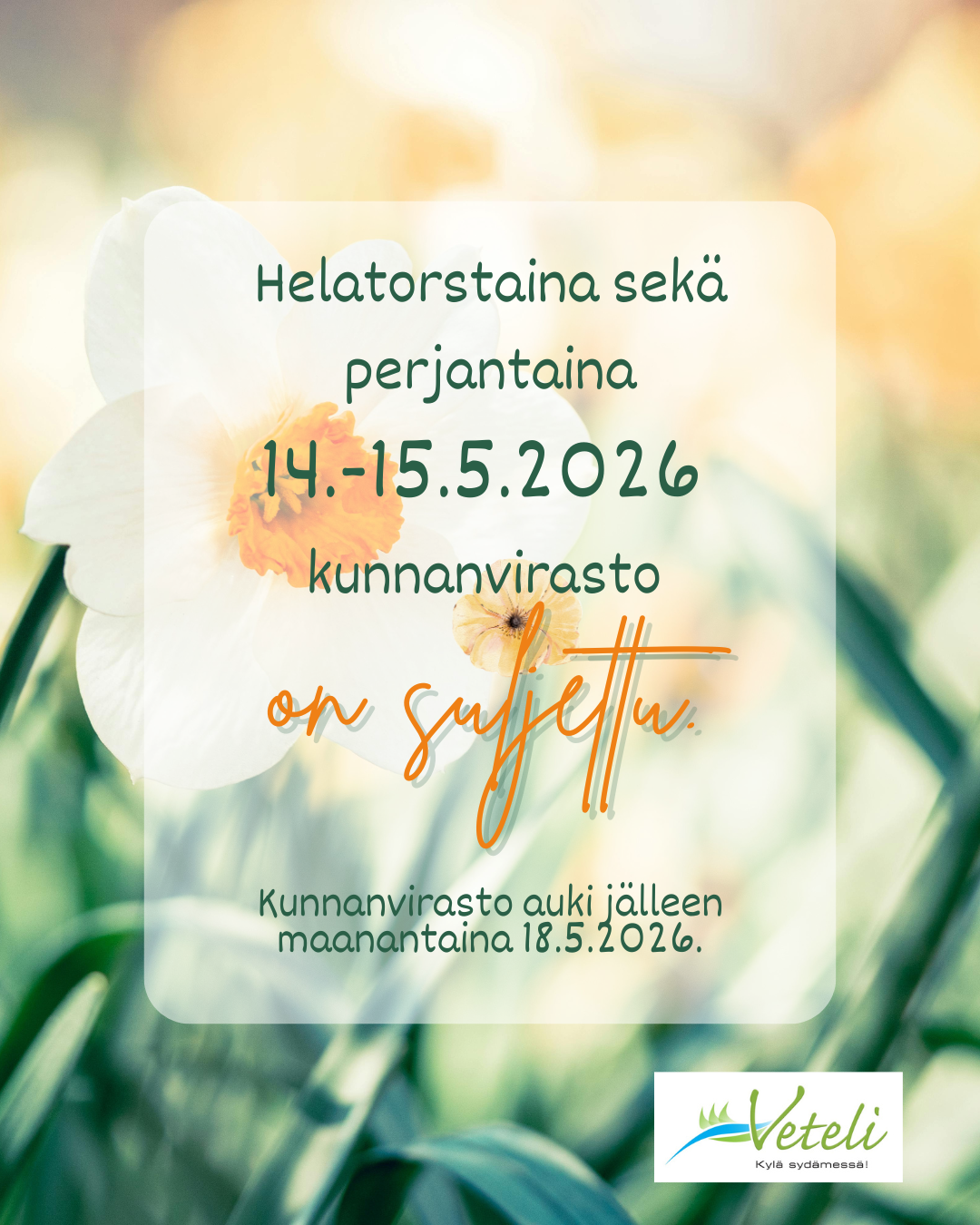 Helatorstaina ja perjantaina 14.-15.5.2026 kunnanvirasto suljettuna