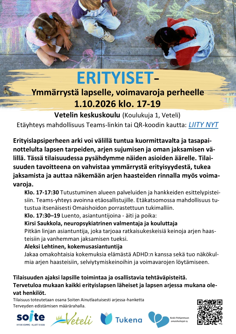 ERITYISET -LUENTO VETELIN KOULUKESKUKSESSA TO 1.10. KLO 17-19
