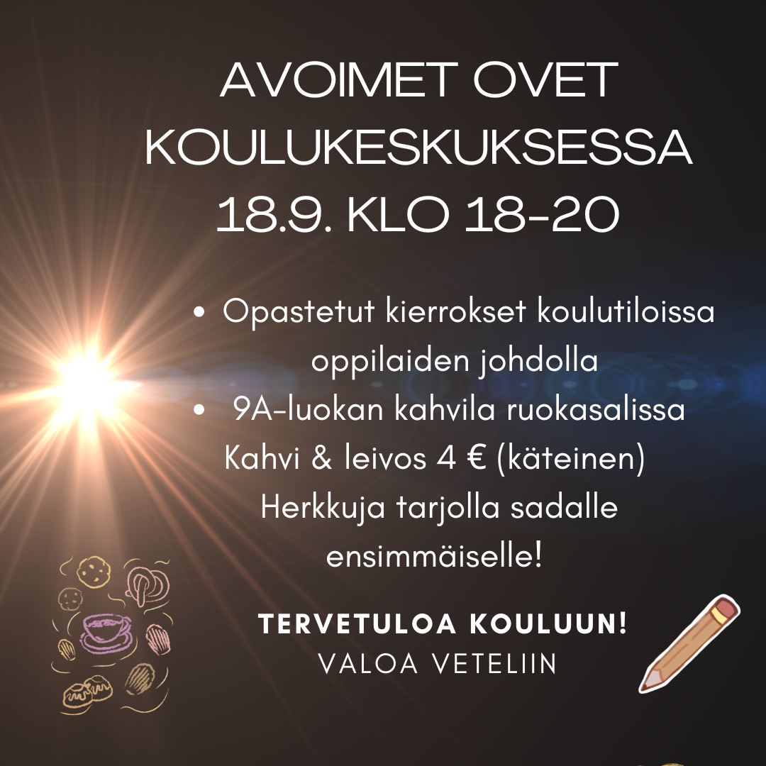 Valoa Veteliin pe 18.9. - Keskuskoululla avoimet ovet klo 18-20